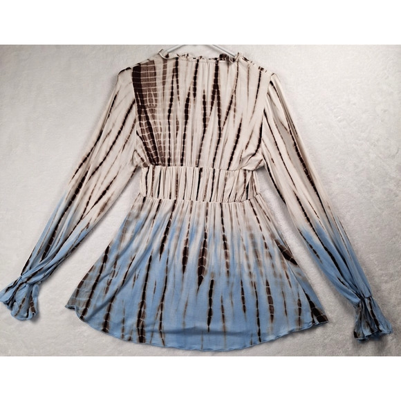 BOSTON PROPER DRESS Medium V-Neck White Brown & Blue Long Sleeve - Picture 2 of 6